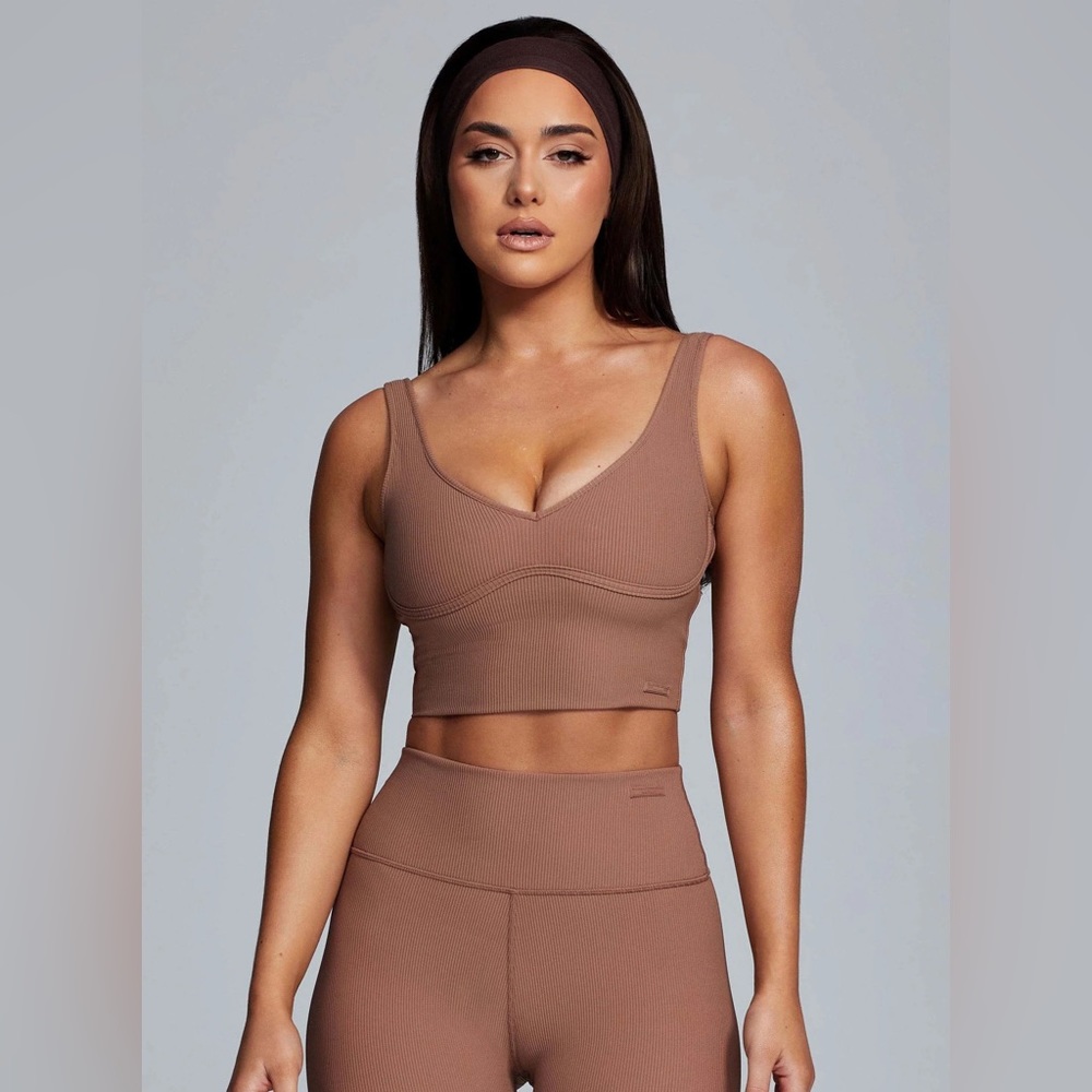 Meshki Jolie Sean Detail Longline Ribbed Crop Top Sports Bra Mocha